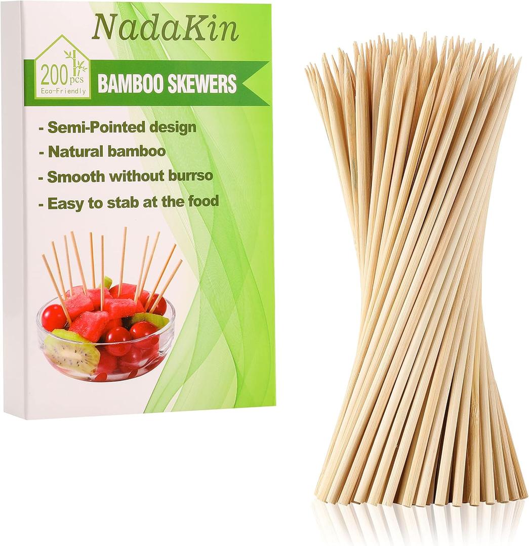 200 PCS Bamboo Skewers, 8 Inch Food Sticks for Appetizers, Fruit, Grilling Kebabs, Cocktail Picks for Drinks, Toothpicks Natural, Kitchen Gadget