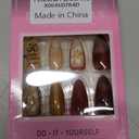Medium Press on Nails Almond Fake Nails with Design Gold Foil Charms Flower Glue on Acrylic Nails Brown Stick on False Nails Artificial Full Cover Nail Supplies for Women 24 Pcs
