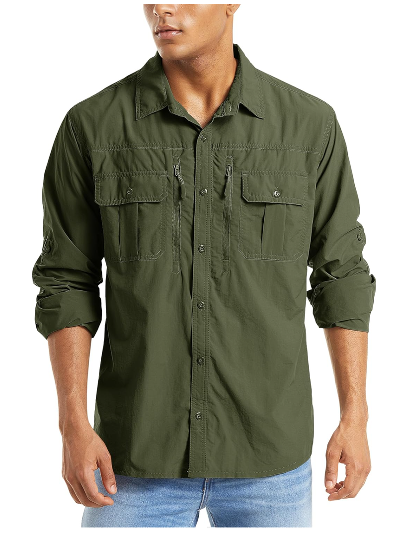 MAGCOMSEN Men's UPF 50+ Sun Protection Shirts, Button Down Long Sleeve Shirt for Hiking, Fishing, Safari, Small, Brown