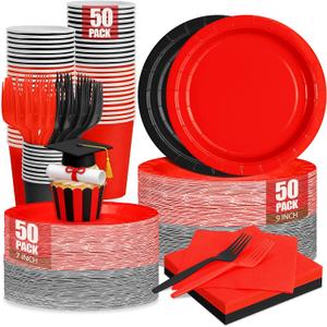 Red and Black Plates and Napkins Party Supplies, Include 9 Disposable Paper Plate, 7 Dessert Plates and Cups and Napkins Forks Set for Halloween, Christmas, Retirement, Birthday, Serves 50