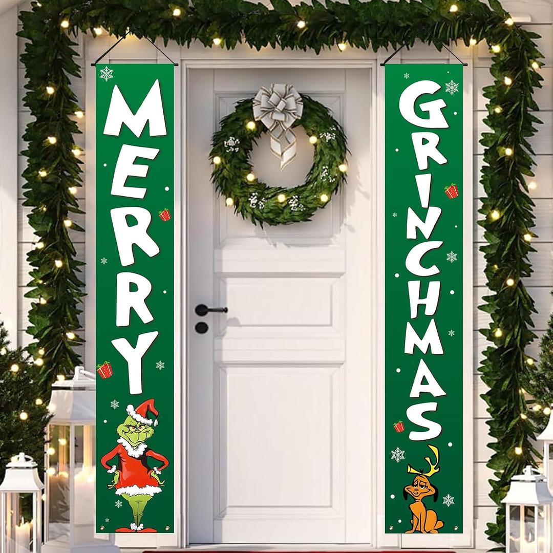 Christmas Decorations Outdoor Yard: Cute Green White Front Porch Sign Set, Funny Thief Christmas Door Banner, Merry Grinchmas Decor for Home School Office Indoor Wall Garage Yard Outside