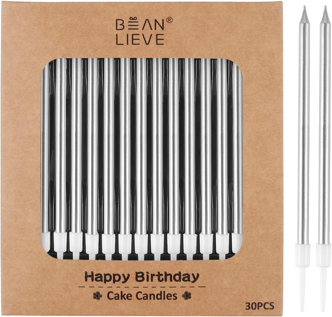 BEAN LIEVE 30-Count Silver Long Thin Metallic Birthday Candles, Cake Candles, Birthday Parties, Wedding Decorations, Party Candles, Cake Decorations
