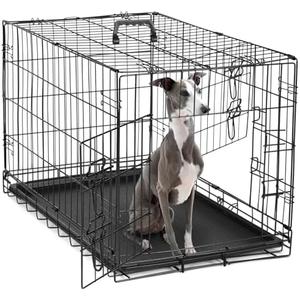 DUMOS Dog Crate, 36 Inch Medium Double Door Dog Cage with Divider Panel and Plastic Leak-Proof Pan Tray, Folding Metal Wire Pet Kennel for Indoor, Outdoor, Travel