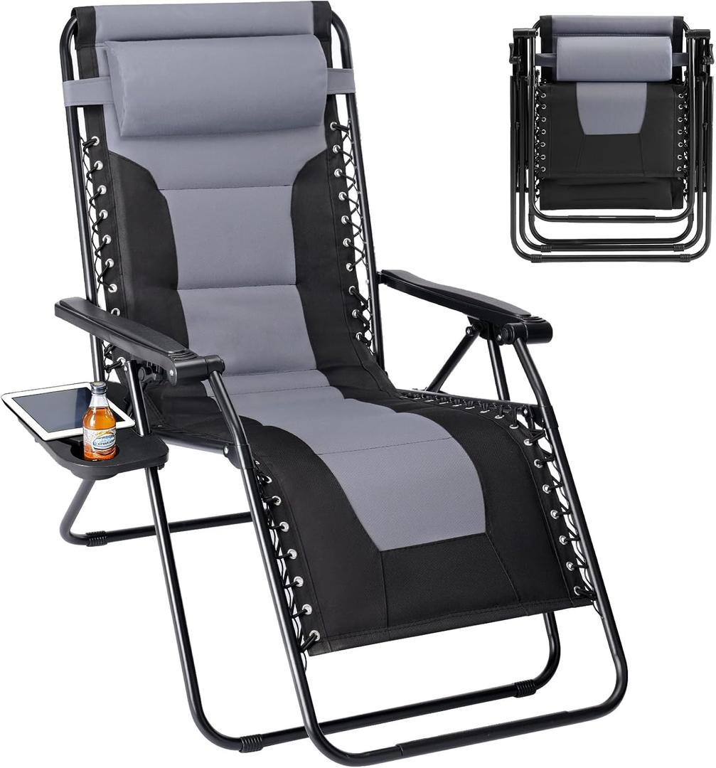 Sweetcrispy Zero Gravity Chairs, Foldable Patio Reclining Chairs with Adjustable Pillow & Cup Holder, Oversized Portable Support 400 lbs, for Backyard Camping(Black-Gray)
