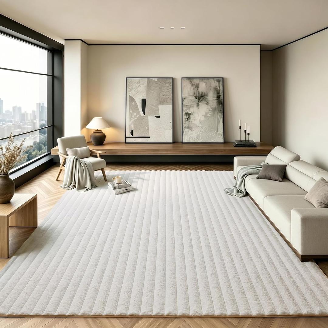 White Rabbit Striped Plush Rug 8'x10', Fluffy Shaggy Area Rug for Nursery & Kids Room, Faux Fur Carpet for Girls Bedroom, Living Room, Teen Decor, White, 8' x 10' (Rectangular)