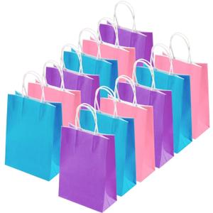 Cooraby 20 Pieces Kraft Paper Bags Party Favor Bags Craft Gift Bag with Handle for Birthday, Baby Shower, Wedding (light blue, light purple, pink)