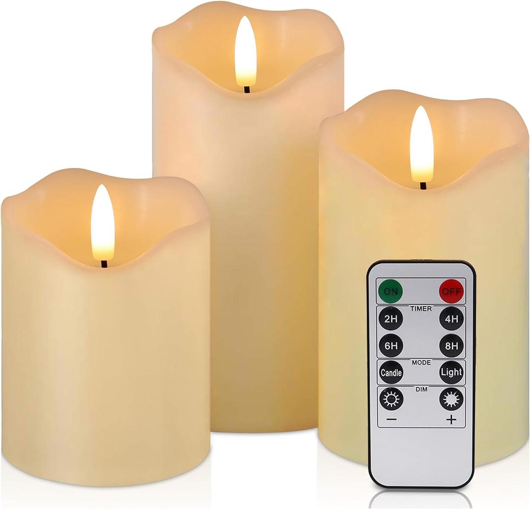 Flickering Flameless Candles with Remote and Timer, Realistic LED Candles, Battery Operated Candles for Christmas Home Wedding Birthday Decoration, Real Wax Set of 3(Ivory White)