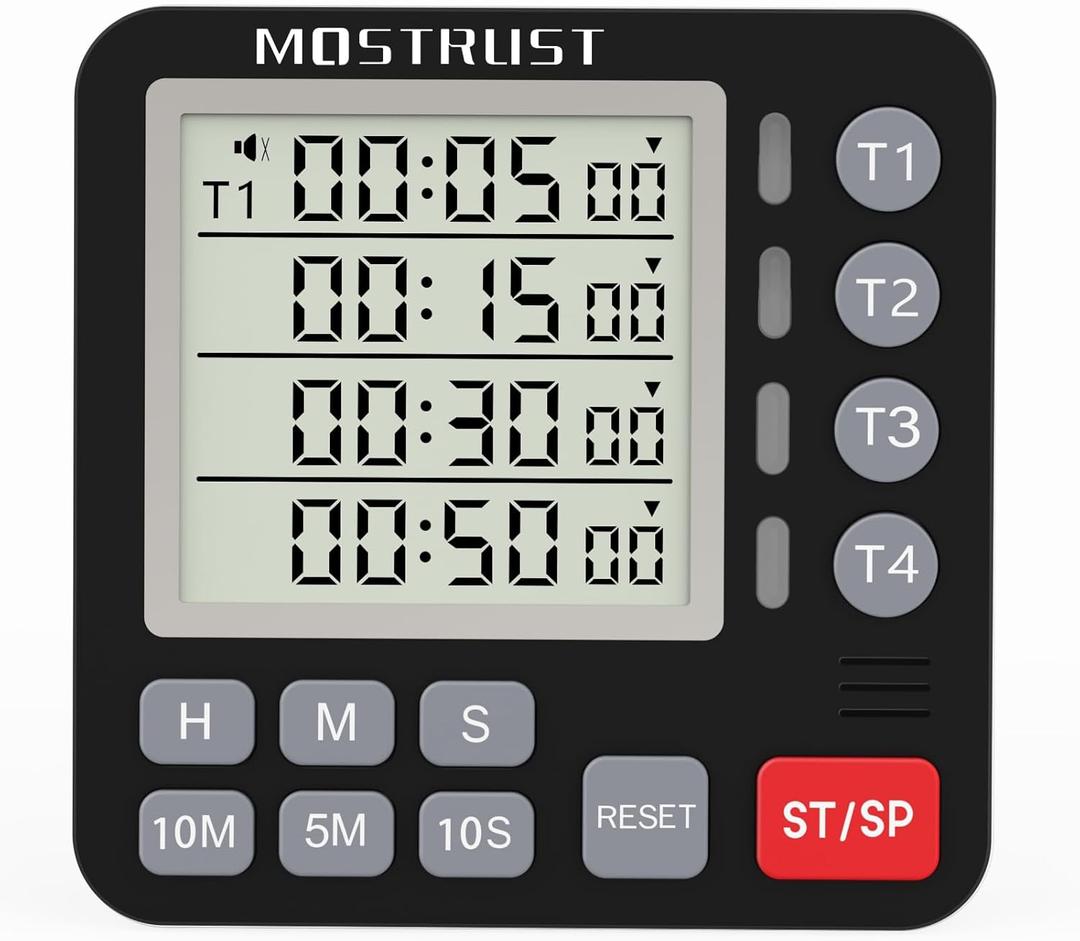 Digital Dual Kitchen Timer, 4 Channels Independent Countdown Timer, Large Display, On/Off, Loud Volume Alarm and Flashing Light with Magnetic Back, Stand, Battery Included (Black)