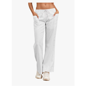 Famulily Womens Linen Pants Summer Wide Leg Casual Loose Drawstring Low Waist Palazzo Pants Lined Trousers with Patch Pockets S