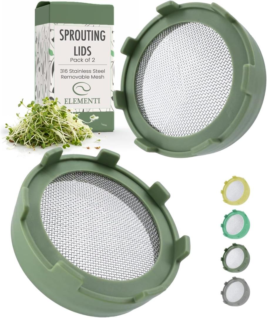 Elementi Sprouts Growing Kit for Wide Mouth Mason Jars, Set of 2 Sprouting Lids for Organic Alfalfa & Mung Bean Sprouts Grow Kit, 316 Stainless Steel Mesh Screen Strainer Lid (Sage Green)
