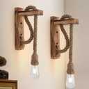Farmhouse Wood Sconces Wall Lighting for Bedroom,Rustic Wall Mount Sconce with Wood Bracket & Adjustable Hemp Rope, Rustic Wall Lamp for Bedroom Entryway Hallway Living Room.