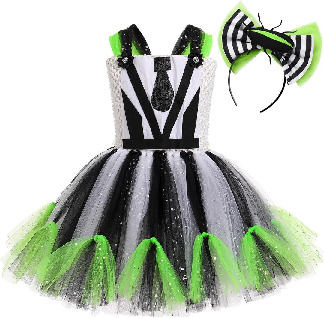 Kids Girl Halloween Costume Black White Striped Ruffle Tulle Tutu Dress with Headband Cosplay Birthday Party Outfit (8-9 Years)