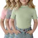 3 Pack Girls Shirts Short Sleeve Mock Turtleneck Cotton Cute Lettuce Trim Summer Tops 7-8Y Kids Clothes