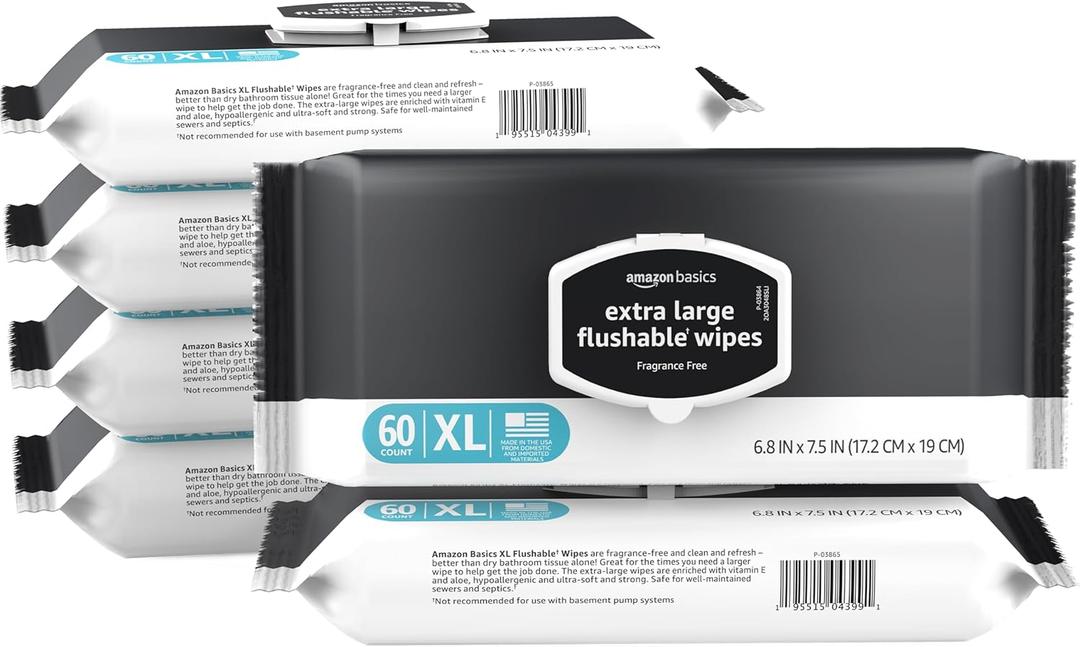 Basics Extra Large Flushable Wipes, Fragrance Free, pH Balanced, with Vitamin E & Aloe, Hypoallergenic, 360 Wipes, 6 Packs of 60, Resealable Closure
