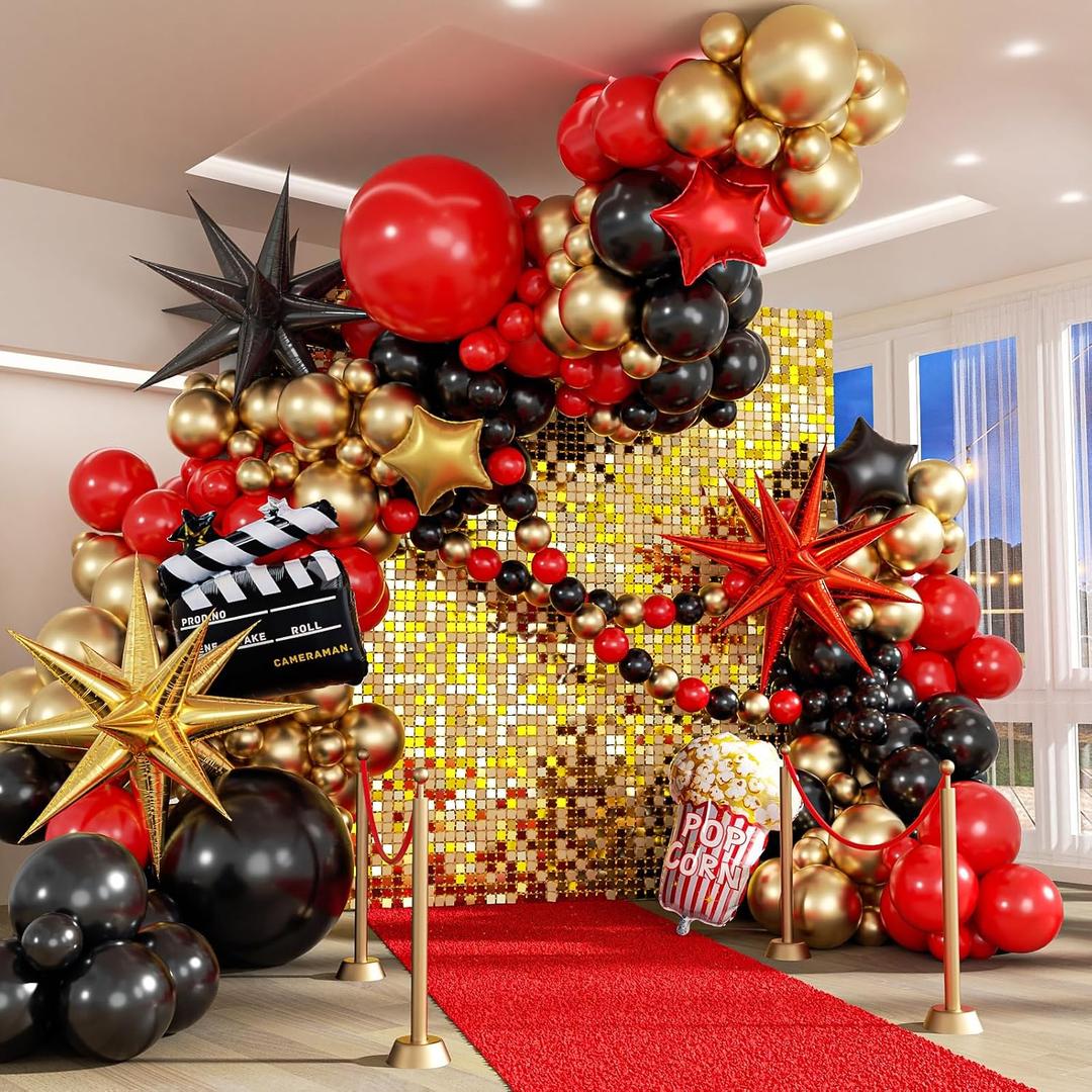 Movie Night Balloon Arch Garland Kit with Red Black and Gold Balloons Foil Balloons for Birthday Movies Night Theater Movie Theme Party Decorations