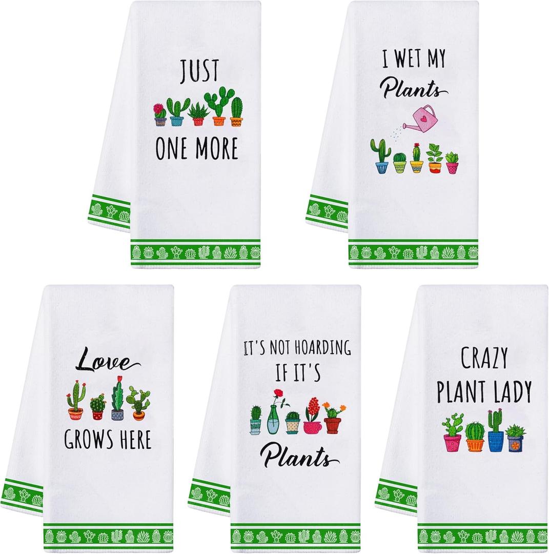 R HORSE 5Pcs Funny Kitchen Towels - Succulent Cactus Plant Kitchen Dishcloth Green Theme Absorbent Cleaning Dishcloth Bar Hilarious Hand Towel Gift for Housewarming Plant Lover Lady Women