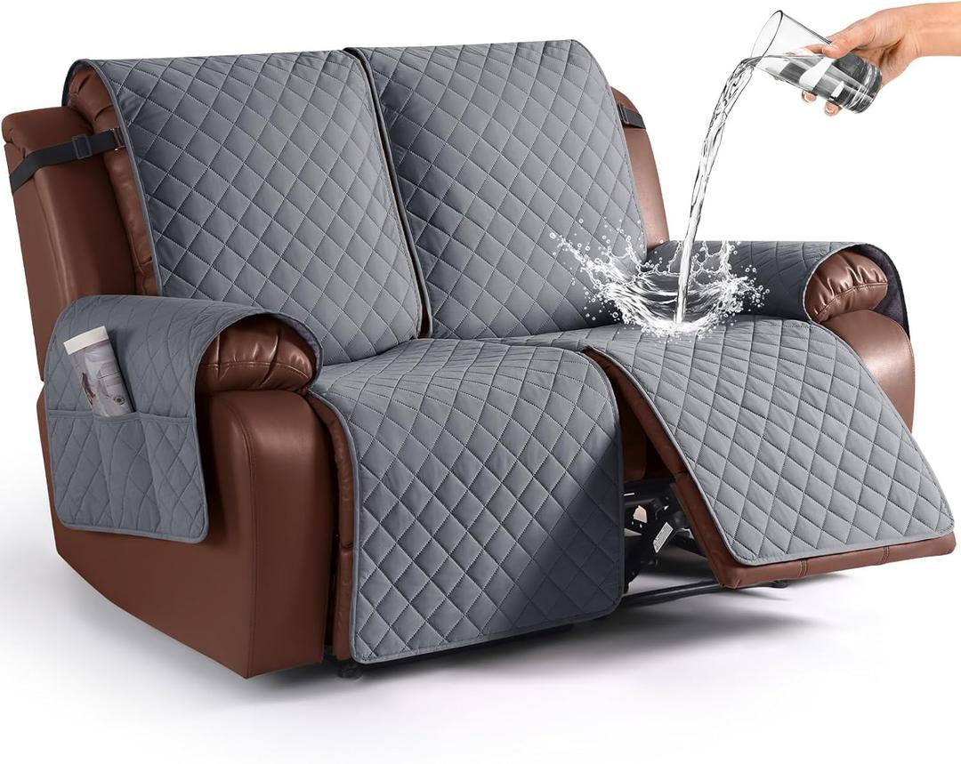 KinCam Waterproof Loveseat Recliner Cover, Non-Slip Reclining Couch Covers for 2 Seat, Recliner Sofa Cover Furniture Protector with Elastic Straps for Kids, Pets, Dark Gray