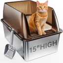 Tripamin 15 XL Stainless Steel Cat Litter Box Enclosure, XXL Stainless Steel High Sides with Lid, Extra Large Metal Cat Litter Box, Anti Leakage, Non-Sticky, Easy Cleaning, Includes Scoop (Translucent brown)
