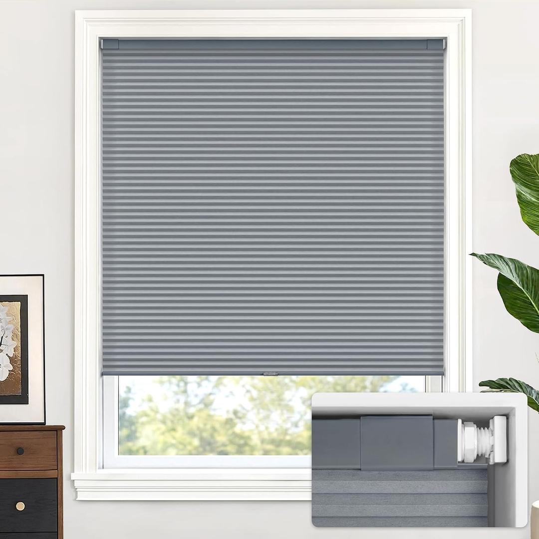 LazBlinds Cordless Cellular Shades, No Tools No Drill Light Filtering Honeycomb Shades Pleated Blinds for Windows, 36'' W x 64'' H, Dark Grey