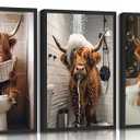 3pcs Funny Bathroom Highland Cow Canvas Wall Art Cute Cow Animal Posters Prints Paintings Highland Cattle Sitting On Toilet And Reading Newspaper Wall Decor Pictures for Restroom Decor Unframed