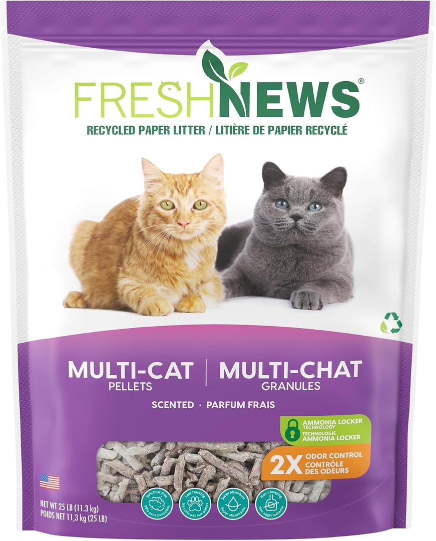 Fresh News Recycled Paper Multi-Cat Pellet Non-Clumping Paper Cat Litter, 25 Pound, 2X Odor Control, Made in USA
