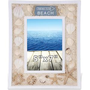CoTa Global Oceanic Sea Turtle Photo Box Frame 5X7 Frame - White Wood Seashell Photo Frame for Summer Vacation Memory, Handmade Tropical Sand Nautical Picture Frame For Tabletop or Wall Hang - 11 Inch