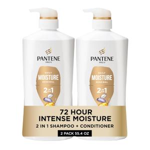 Pantene 2-in-1 Shampoo & Conditioner, Daily Moisture Renewal - Pro-V Nutrients for Dry, Color-Treated, Straight to Curly Hair, 72-Hour Hydration & Softness, 27.7 Oz Each, 2-Pack + Rescue Shot (0.5 Oz)
