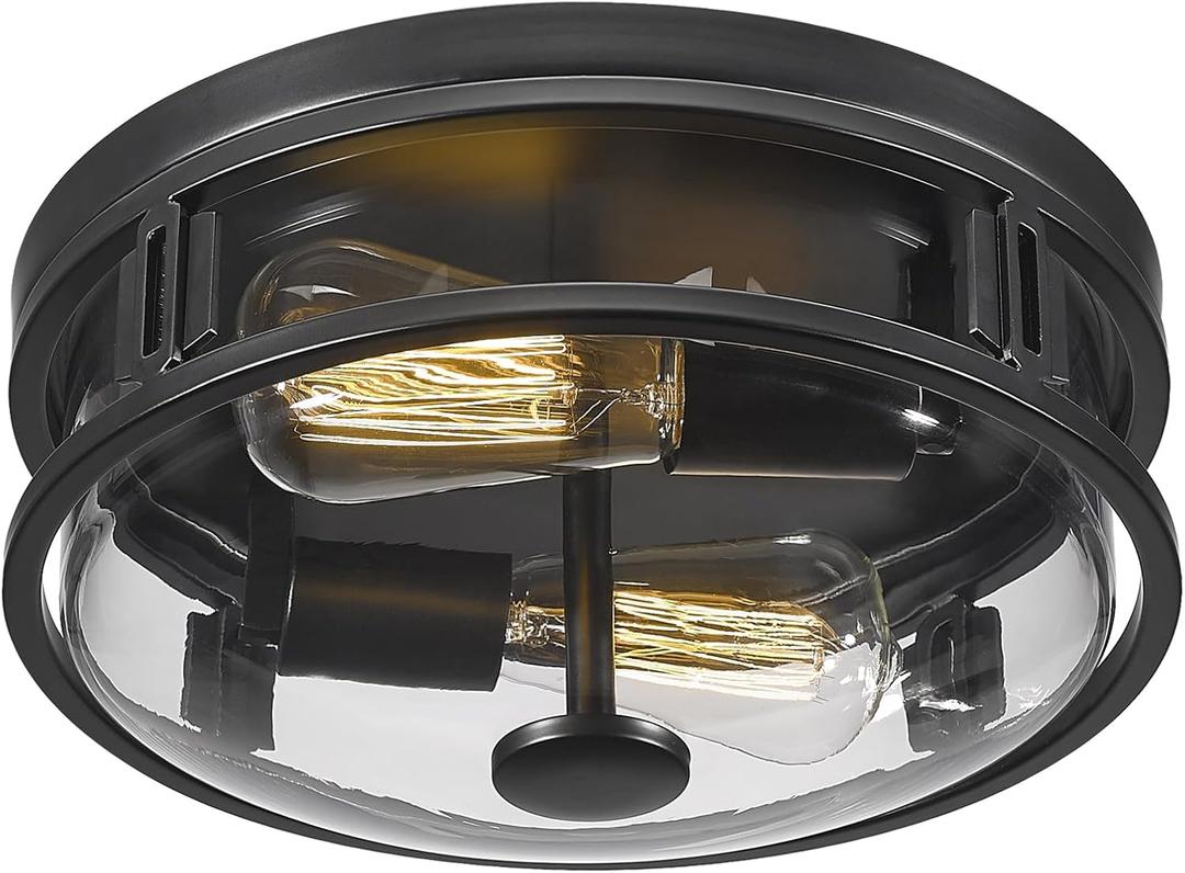 Flush Mount Ceiling Light with Clear Glass Shade, 2-Light Indoor Outdoor Farmhouse Lighting Flush Mount Lights for Kitchen Bedroom Porch Living Dining Room (Black 8F)