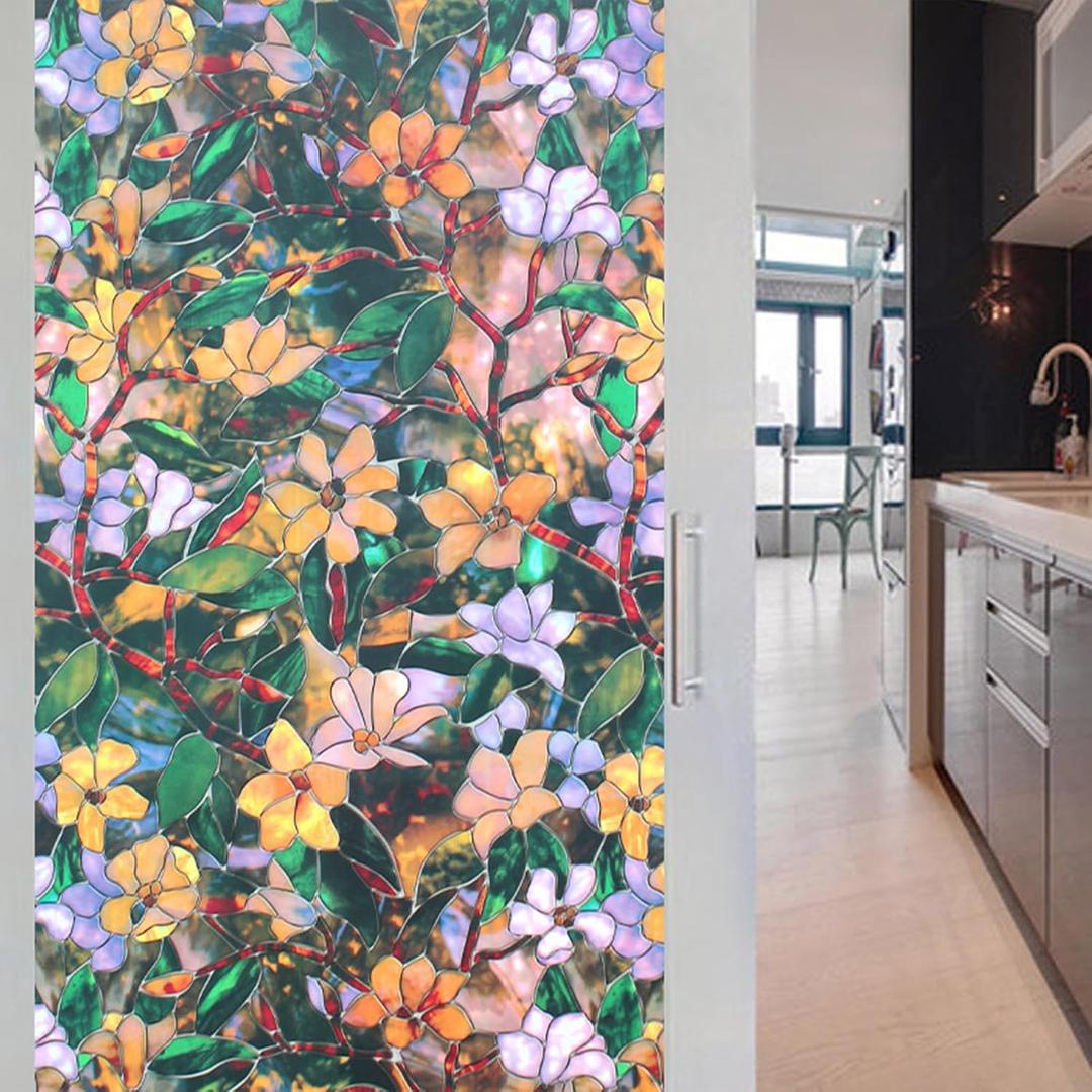 Window Privacy Film, Decorative Glass Removable Sticker, 3D Sun UV Blocking Window Vinyl, Stained Glass Window Decals, Static Cling Window Stickers Non-Adhesive, No-Glue, 17.5 x 78.7inches (Wf32)