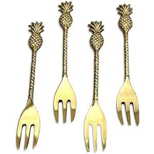 India Handicrafts Tropical Pineapple Handle, Gold Tone 5.5 Inch Stainless Steel Small Dessert Hors d'oeuvres Fork; Set of 4