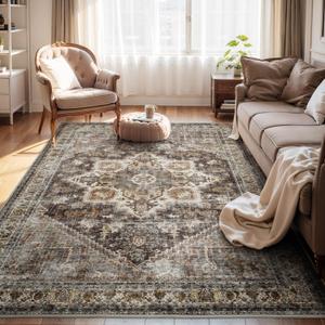 9 x 12 Area Rugs for Living Room Rug Large Washable Area Rug-Carpet Bedroom Rug Dining Room Rug Office Rug Vintage Oriental Medallion Rug Non Slip Soft Rug Dark Brown (9x12 ft)