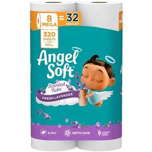 Angel Soft Toilet Paper with Fresh Lavender Scented Tube, 8 Mega Rolls = 32 Regular Rolls, Soft and Strong Toilet Tissue
