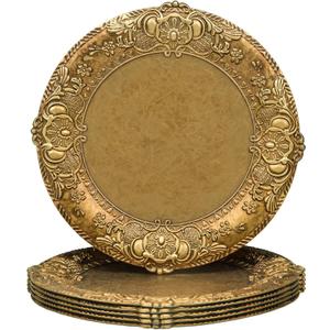 MAONAME 13" Antique Gold Charger Plates, Plate Chargers with Embossed Rim, Round Plastic Charger Plates for Wedding, Table Decor, Set of 6
