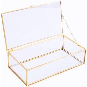 Vintage Glass Jewelry Display Box with Brass Frame - Decorative Keepsake Organizer for Home & Dresser, 8" L x 4.5" W x 2.36" H
