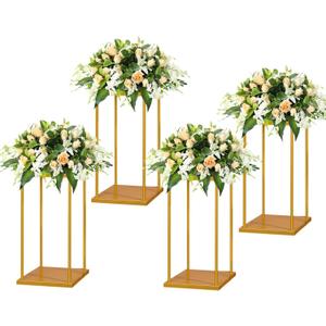 YALLOVE Gold Flower Stand Set of 4, 15.75 Inch Tall Metal Square Centerpieces for Wedding Reception Table Decoration, Plant Display Rack at Home, Geometric Flower Holder with Top and Bottom Plate