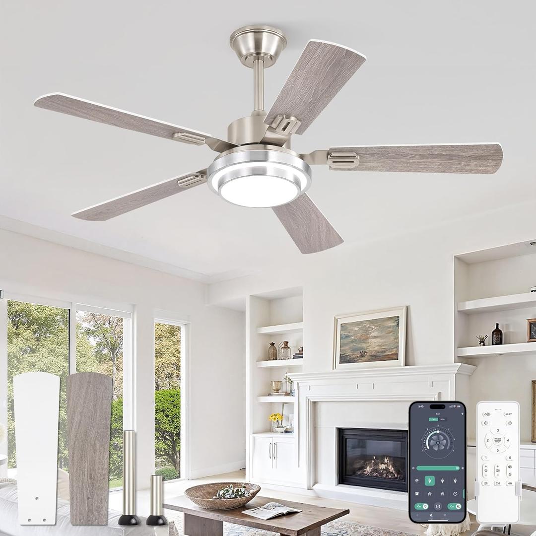 Fanbulous 48 Inch Ceiling Fans with Lights and Remote, Brushed Nickel Ceiling Fan with 8 Dual-Color Blades, Indoor/Outdoor Large Ceiling Fans, Reversible DC Motor, 6-Speed, 3CCT for Living Porch Patio