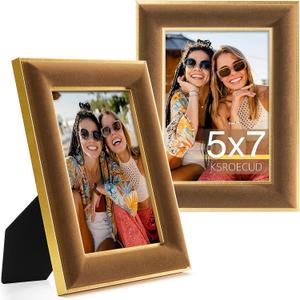 5x7 Velvet Picture Frame, Brown Photo Frames with Modern Simple Metallic Gold Border, HD Real Glass Horizontal & Vertical Display for Tabletop and Wall Collage Decor (2 Pack)