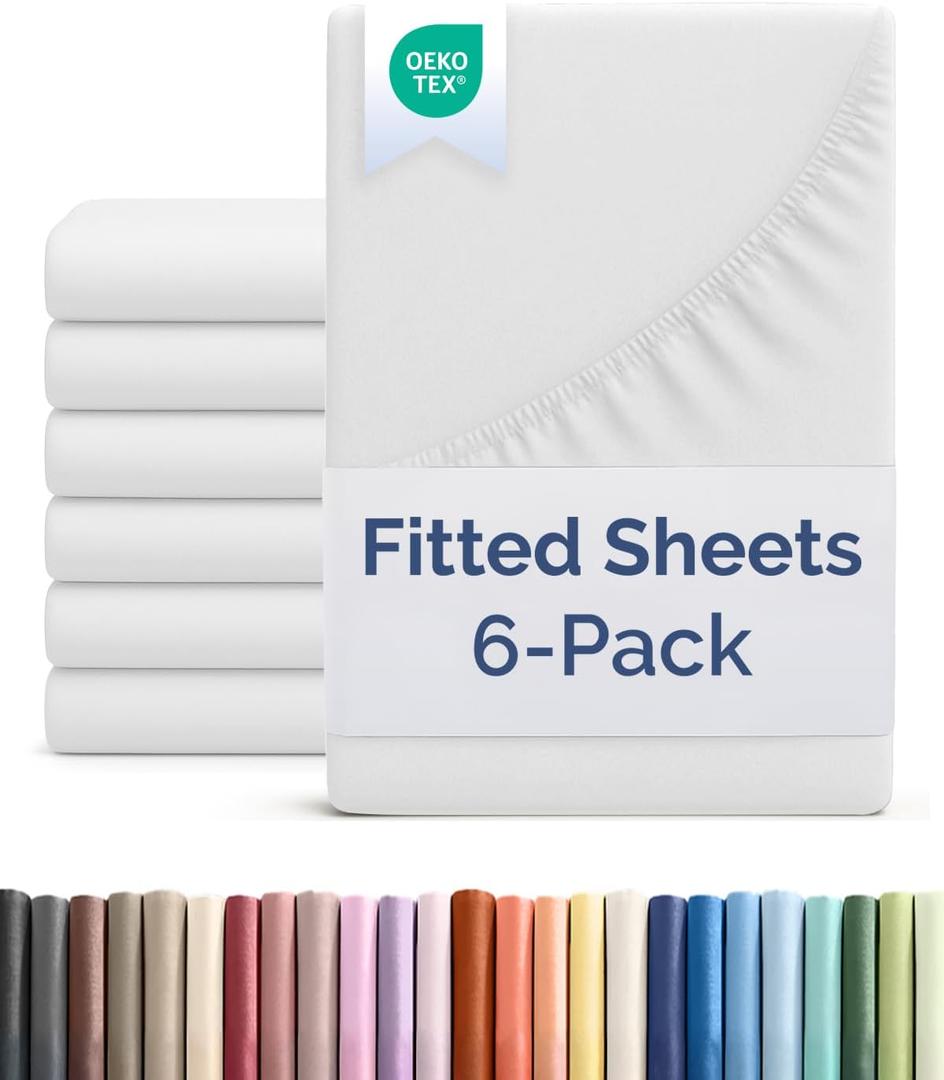 Queen Size Fitted Bed Sheet - Pack of 6 Single Fitted Bottom Sheet Only - Fits Mattress Up to 16" Deep Pockets - Extra Soft, Breathable & Cooling - Hotel Quality, Fade, Shrink & Wrinkle Free - White