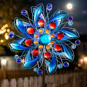 Solar Wind Spinner with Glass Ball - Lighted Kinetic Metal Yard Art with Jeweled Accents - Vibrant Blue Floral Windmill Outdoor Garden Decor for Patio, Lawn, and Pathway