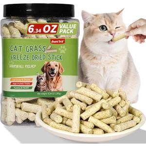 Just Try 6.34OZ Cat Treats, Freeze Dried Cat Grass Teething Stick,Healthy Training Treats Food Topper,Hairball Control Teeth Cleaning Dental Treats for Indoor Cats (EXP 04/13/27)