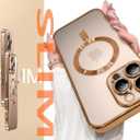 Magnetic for iPhone 15 Pro Max Case with Privacy Screen Protector & Full Camera Cover,[Non-Yellowing] Plating Glossy Soft Shockproof Clear Phone Case with MagSafe Women Girls for 15 ProMax,Gold