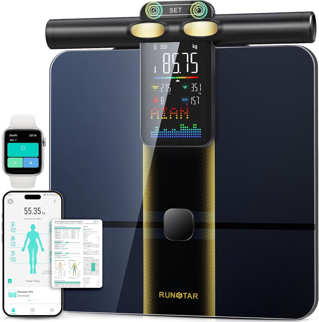 RunStar Smart Scale for Body Weight and Fat Percentage, 8 Electrodes High Precision Body Composition Scale with Set Functions Handle, Body Analyzer Scale Sync App 28 Metrics 400lbs
