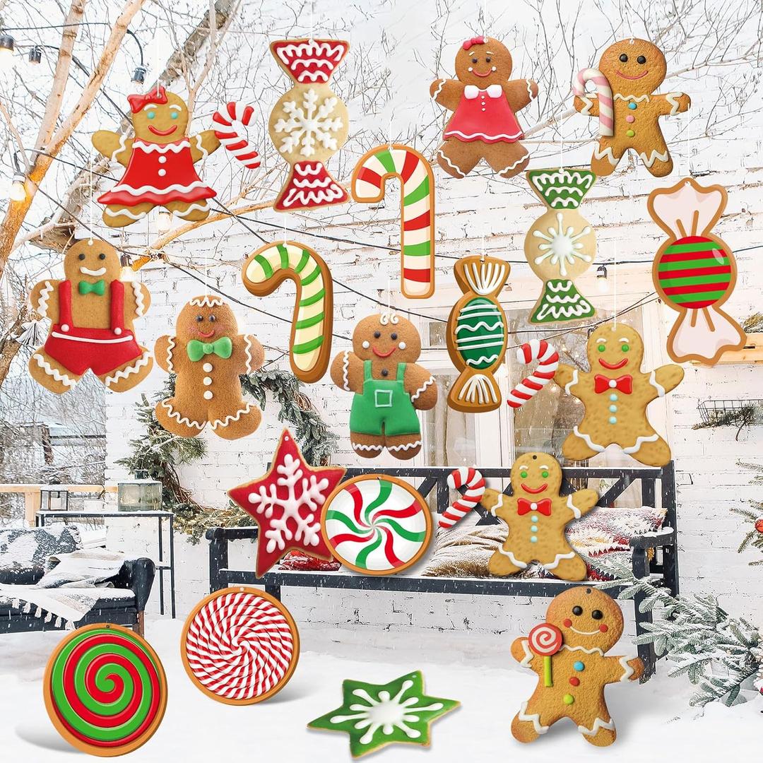 Geosar 20 Pcs Large Christmas Peppermint Gingerbread Decorations Doublesided Outdoor Yard Signs Hanging Candy Ornaments for Decorations Christmas Tree Party Decor(Gingerbread)