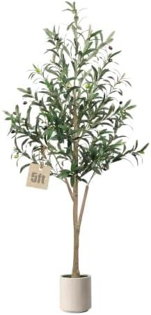 5FT Olive Trees Artificial Indoor, Faux Olive Tree with White Planter | Colored olives,Realistic Natural Wood Trunk, Lifelike Leaves, Fake Olive Tree for Home Office Living Room Decor Gift