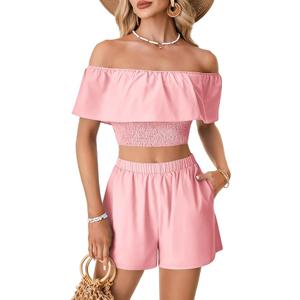 LYANER Women's 2 Piece Outfits Off Shoulder Ruffle Sleeve Shirred Crop Top Wide Leg Shorts Set Size M