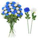 Ovveroche 32 Pcs Blue, White Artificial Flowers Roses Fake, Silk Flowers with Stems for DIY Wedding Gothic Bridal Shower Centerpieces Arrangements Tables Decorations