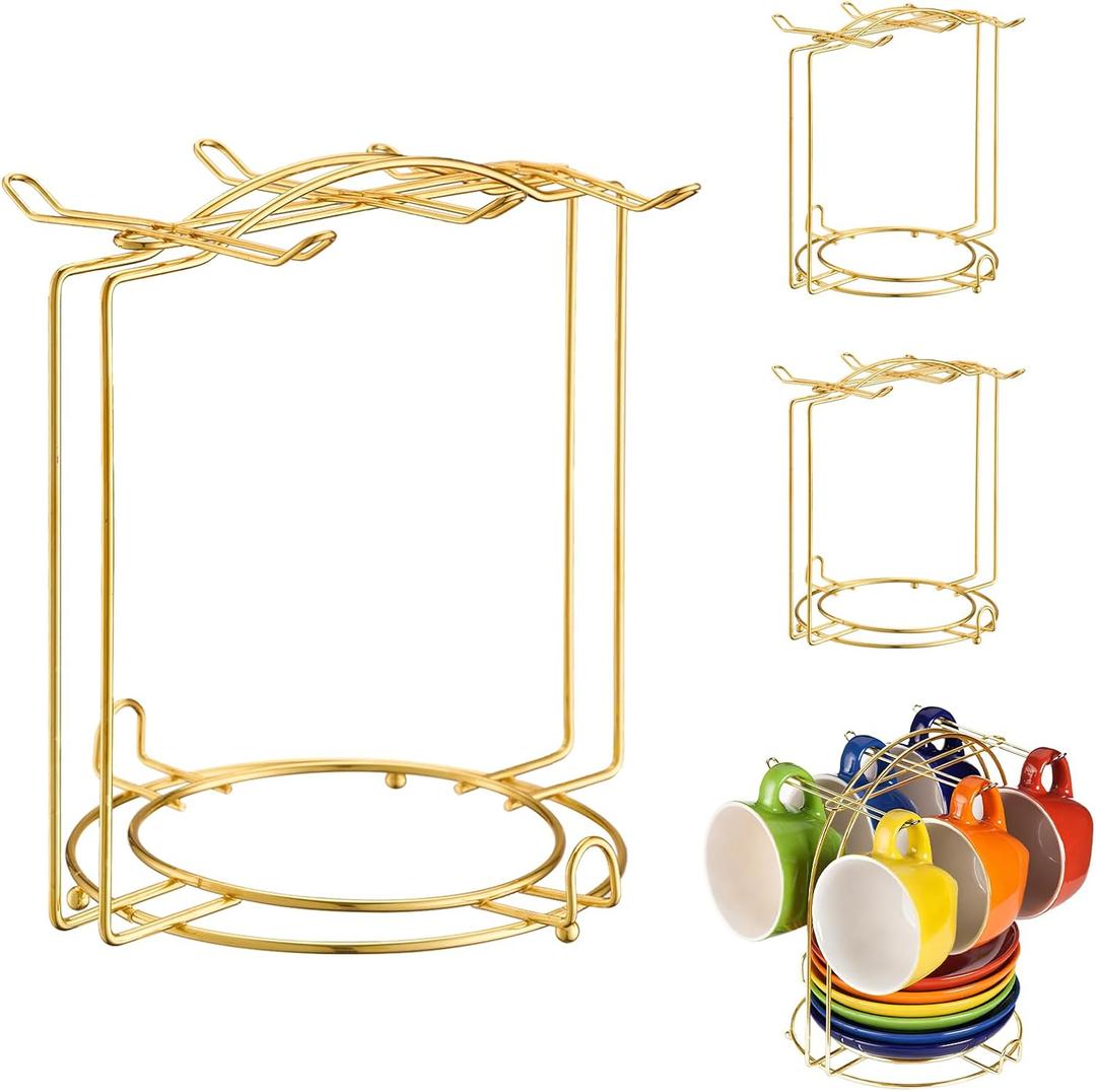 3Pcs Gold Coffee Cup and Saucer Display Stand, 2-in-1 Mug Tree Holder with 6 Hooks and Plate Storage Rack, 7.32"x7.17" Metal Tea Cup Organizer for Kitchen Countertop and Coffee Station