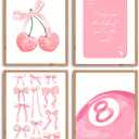 3 x Pink Coquette Trendy Preppy Wall Art Prints, Pink Bow Disco 8 Ball Cherry Wall Decor Posters for Girls Bedroom Dorm 11 X 14 Inch(UNFRAMED) (Black)