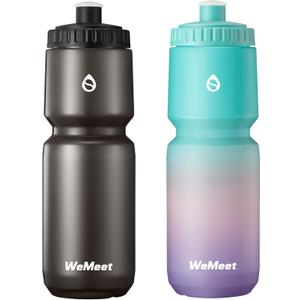 WEMEET Lightweight Cycling Water Bottle 2-Pack, Fits Most Bike Cages, Squeeze Water Bottle for Cycling, Running, Fitness(Black & Green Pink Purple, 32oz)