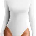 REORIA Women's Crew Neck Long Sleeve Bodysuits Basic Slim Fit Comfy Lightweight Layering Top Fall Winter Outfits (Large, White)